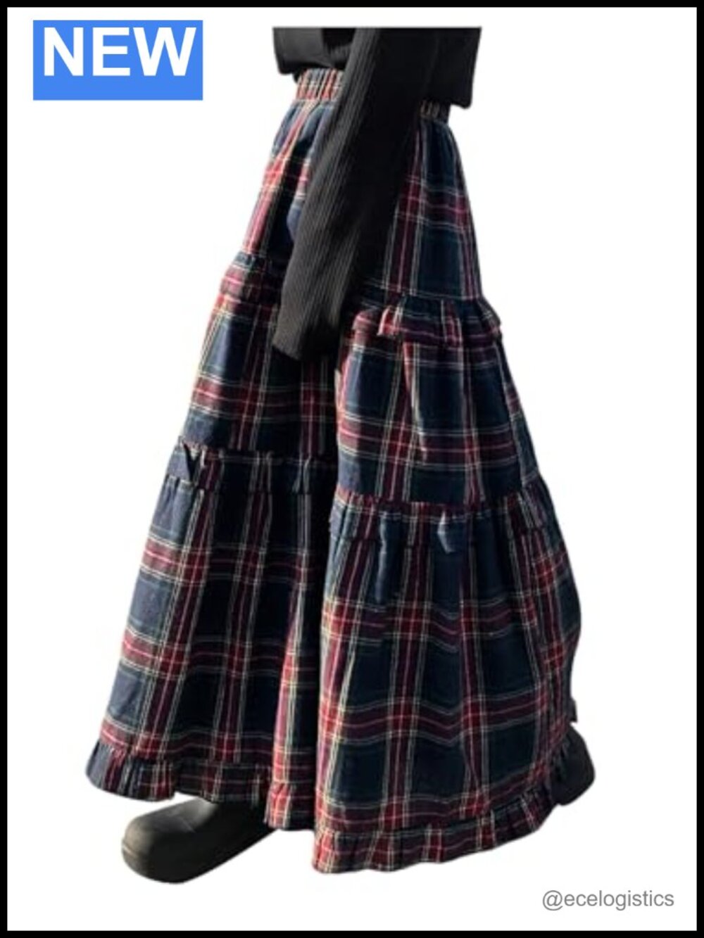 Plaid Maxi Skirt High Waist Elastic Tiered Ruffle A-Line Flowy Long Women